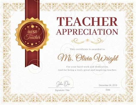 Teacher Appreciation Award Certificate Template Teacher T Etsy