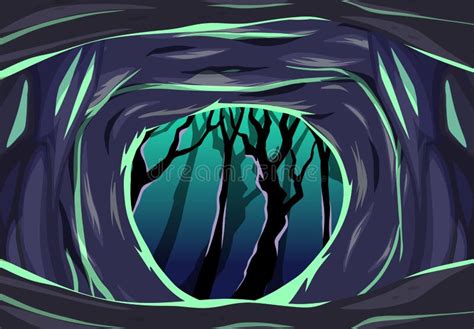 Dark Cave With Some Dark Tree Cartoon Style Scene Stock Vector