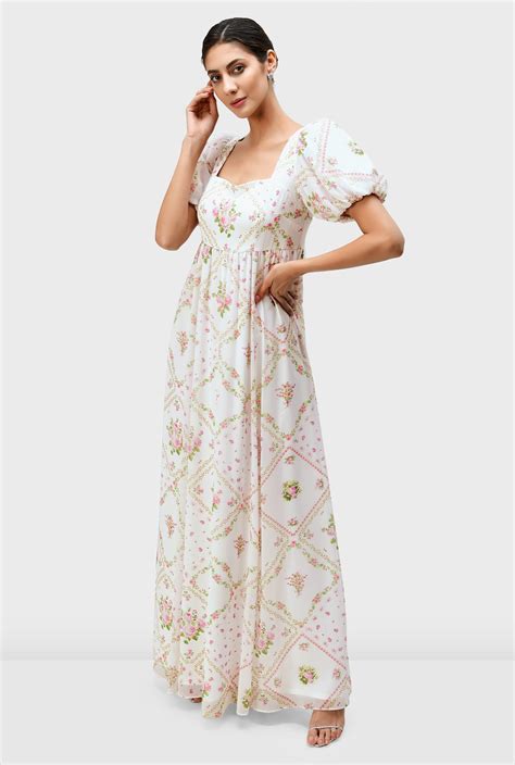 Shop Puff Sleeve Empire Floral Print Georgette Maxi Dress Eshakti