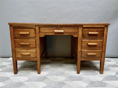Large Vintage Wooden Desk With Drawers Oak S Design Market