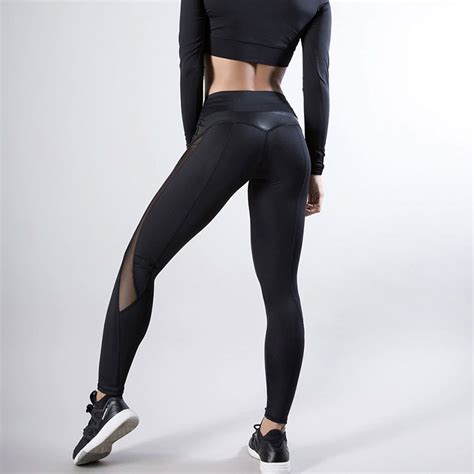 Women Fitness Leggings Mesh And Faux Leather Patchwork Leggings Perfect Booty Shaping Boutique
