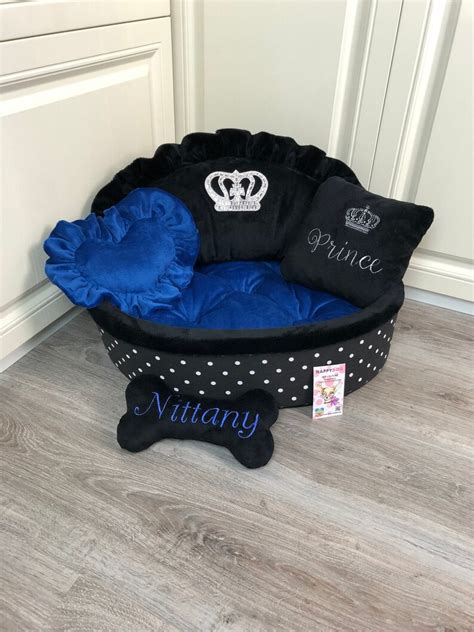 Navy Blue And Black Polka Dot Luxury Dog Bed Personalized Dog Etsy