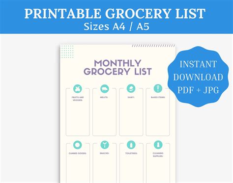 Monthly Grocery List Template Printable Shopping List Etsy Grocery