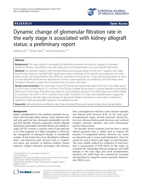 Pdf Dynamic Change Of Glomerular Filtration Rate In The Early Stage Is Associated With Kidney