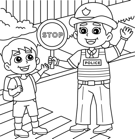 Police Traffic Officer Helping A Kid Coloring Page 22476903 Vector Art