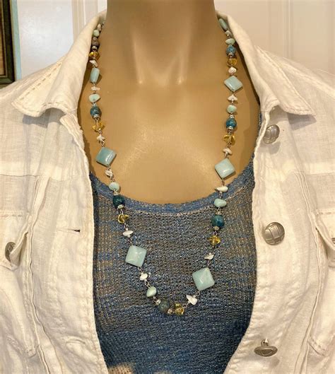 Long Beaded Necklace Multicolored Gemstone Necklace Blue Etsy Long