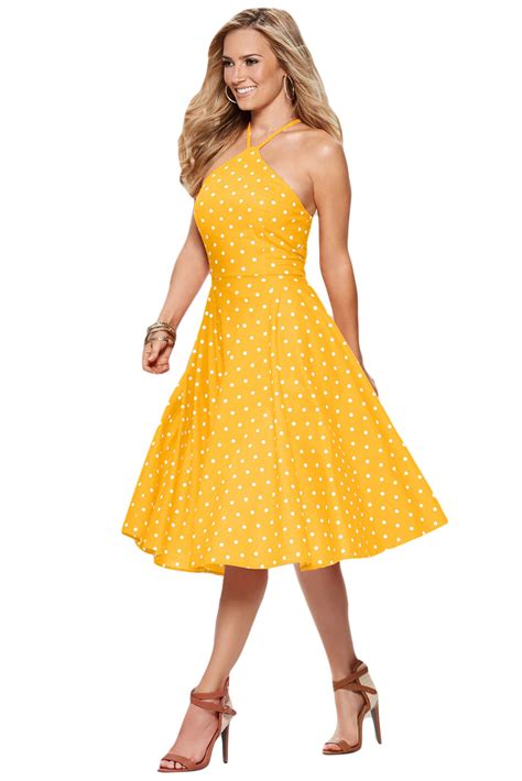 Women In Yellow White Polka Dot Flared Vintage Dress