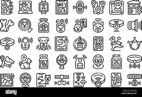 Pet tracker icons set outline vector. Animal care. City control Stock