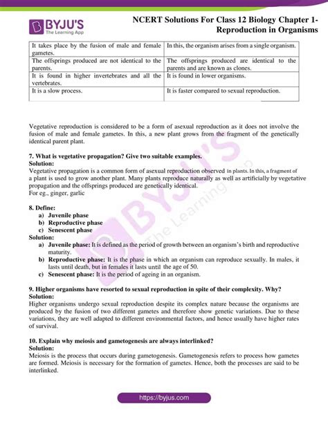 Ncert Solutions Class 12 Chapter 1 Reproduction In Organisms