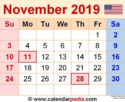 November 2019 Calendar Templates For Word Excel And Pdf