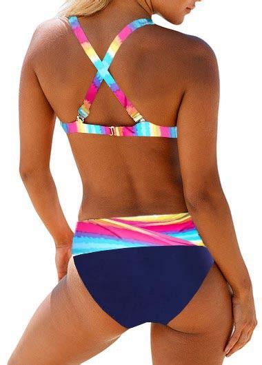 Cross Strap Multicolor Striped Mid Waist Bikini Set Usd