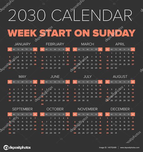 Calendario Simple 2030 Año Vector Gráfico Vectorial © 123sasha Imagen