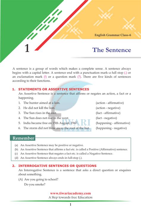 Class 6 English Grammar Chapter 1 A Sentence For Session 2022 2023