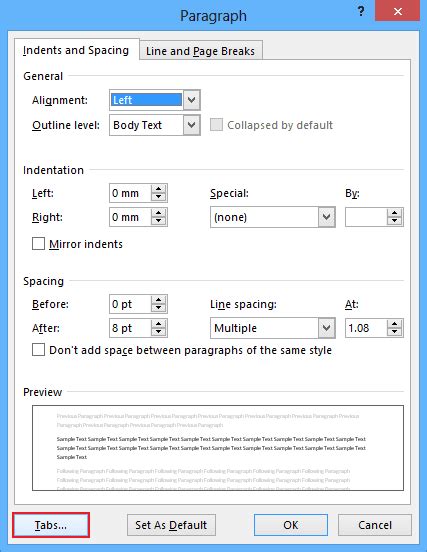 Setting Tabs Using The Tabs Dialog Box Microsoft Word 2013