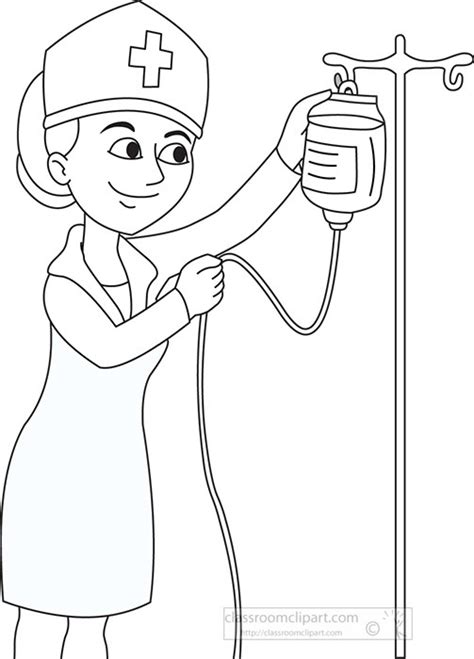 Health Black And White Outline Clipart Nurse Setting Up Iv Drip Black