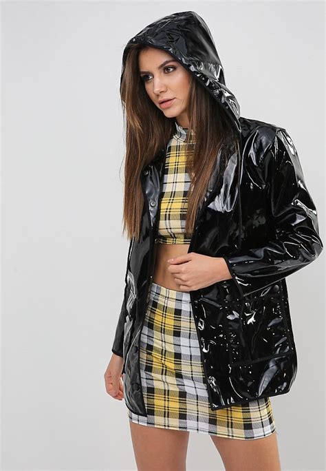 vinyl hooded black jacket vinyl clothing rainy day fashion black raincoat