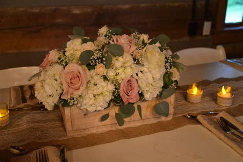 Natural Barnwood Box Centerpiece In Blush And Whites By