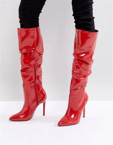 Asos Crushed Slouch Pointed Knee Boots Red High Heel Dress Boots