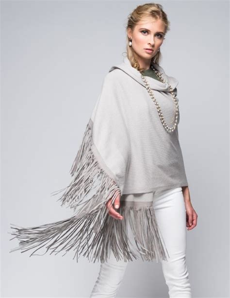 Cashmere Shawl With Double Leather Fringe In Dove Gray Leather Fringe