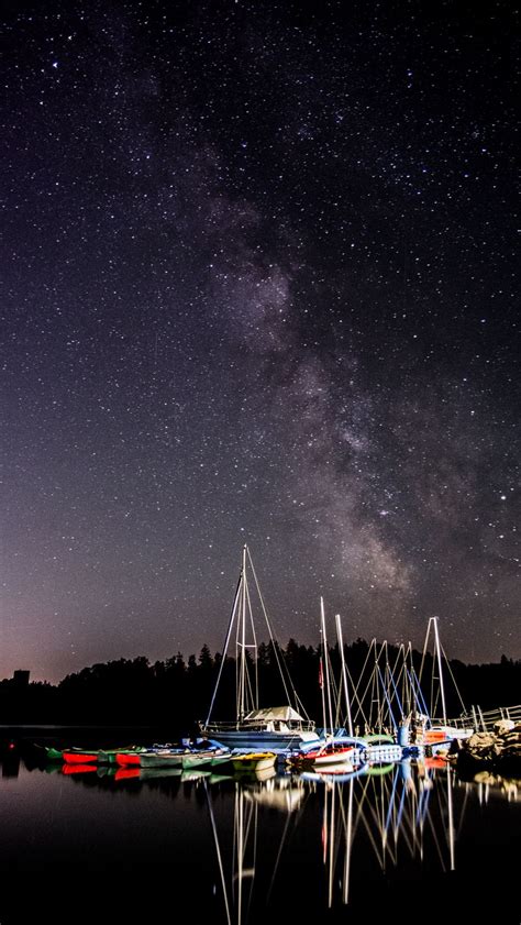 Download Wallpaper 800x1420 Boats Pier River Night Milky Way Iphone