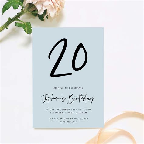 Blue Simple Printable 20th Birthday Invitation Instant Etsy