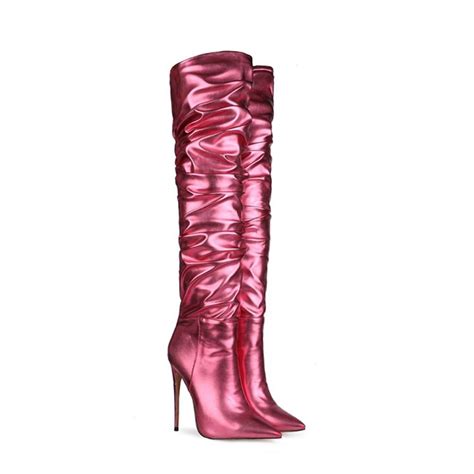 Botas por encima de la rodilla para mujer zapatos de tacón alto color rojo y rosa novedad