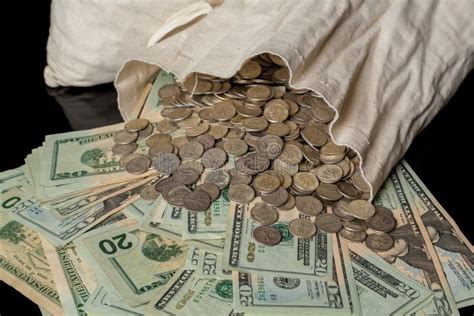 Many Us Dollar Bills Or Notes With Money Bag Stock Photo Image Of
