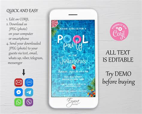 Summer Pool Party Evite Template Electronic Birthday Party Etsy