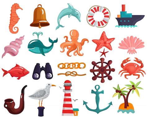 free vector nautical elements and sea life collection