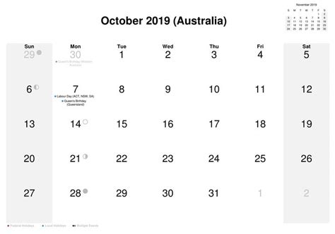 October 2019 Calendar With Australia Public Holidays Holiday Calendar