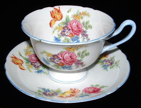 Shelley Cup And Saucer Butchers Crocus Rose Gainsborough Shape Blue T