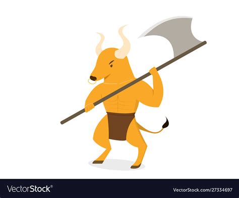 Minotaur With Axe Polearms In Flat Art Royalty Free Vector