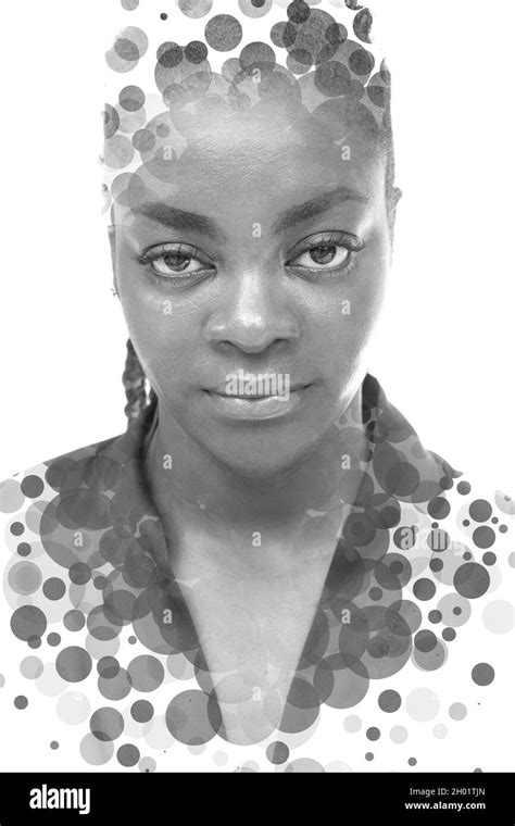 A Black And White Full Face Portrait Of A Woman Combined With Circles