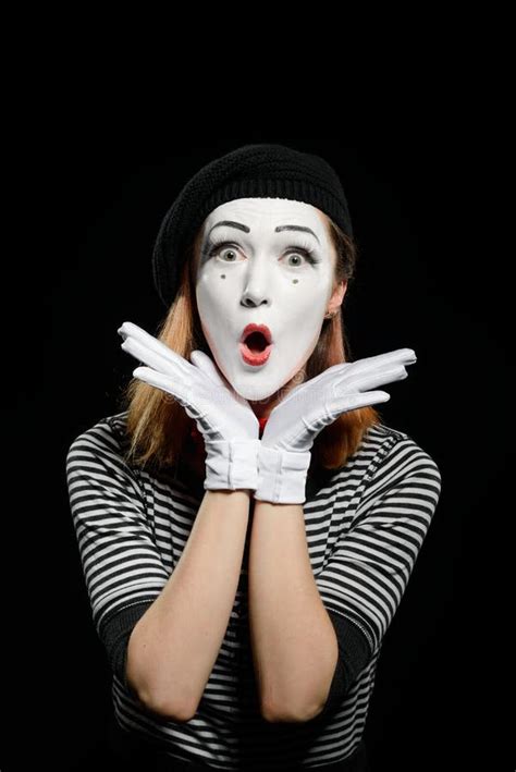Amazed Female Mime On Black Vertical Portrait Of Pantomime Actress