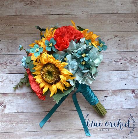 Teal wedding bouquet teal wedding flowers teal and grey wedding silver wedding colours sage gothic wedding gothic bouquet alternative bouquet | etsy. Sunflower Bridal Bouquet with Red Poppies, Teal, Turquoise ...