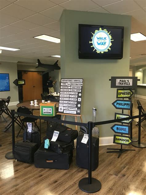 @252basics #walkthiswayvbs Travel themed lobby decor for Walk This Way