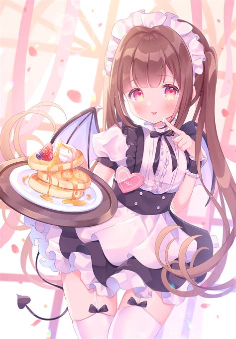 Brunette Red Eyes Maid Outfit Pancakes Wings Anime Girls Anime