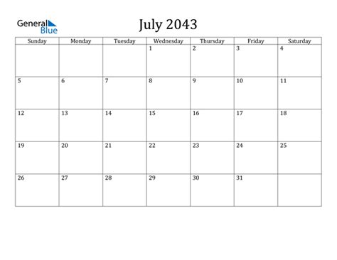 July 2043 Calendar Pdf Word Excel