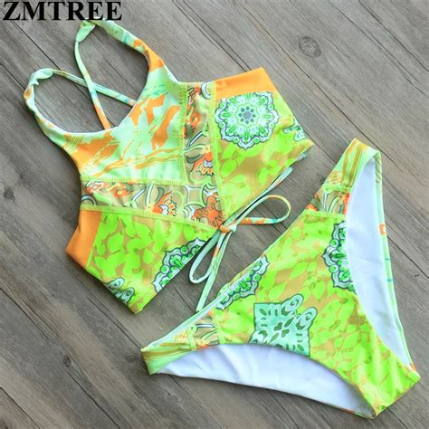 Zmtree Brand 2017 New High Neck Bandage Bikinis Women Print Swimwear