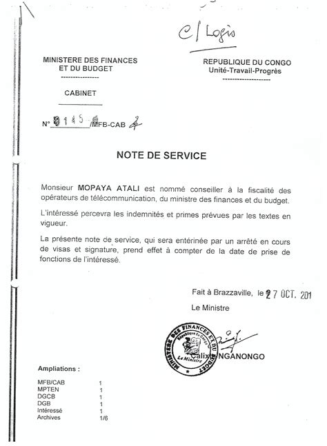 Note de Service N°0145/MFB/CAB  Ministry of Finances,Budget and Public