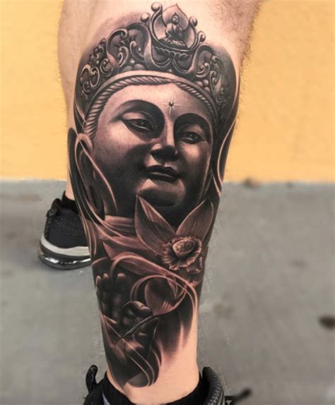 Buddha Lower Leg Sleeve Tattoo Inkstylemag Buddha Tattoo Buddha Tattoos Sleeve Tattoos