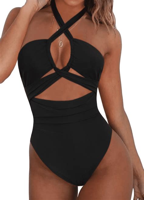 Hilor One Piece Swimsuit For Womens Sexy Cutout Halter Bathing Suits Crossover High Cut Monokini