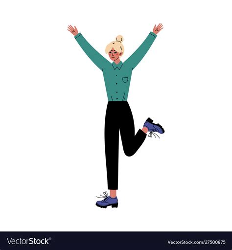Girl Stands Raising Her Hands And Leg Up Cartoon Vector Image