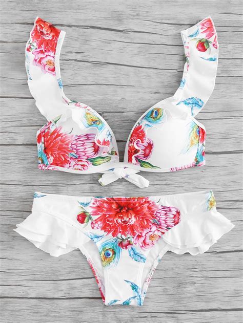 Ruffle Trim Flower Print Bikini Set | Flower print bikini set, Printed bikini sets, Bikini set