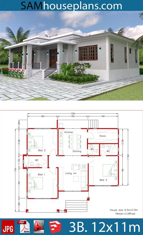 Flat Roof Modern House Floor Plans House Plans 12x11m With 3 Bedrooms
