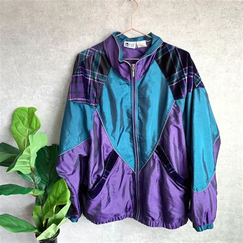 Vintage 80s Teal And Purple Color Block Windbreaker Jacket With Velvet