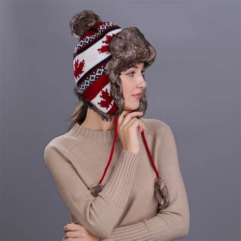 Warm Women Winter Hat With Ear Flaps Snow Ski Thick Knit Wool Beanie Cap Hat High Quality