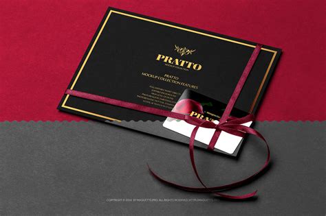 Simple edit with smart layers. Gift Card on Black Invitation Card with a Bow Knot Mockup | Maquette.