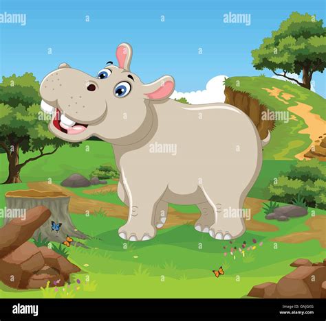 Funny Hippo Cartoon In The Jungle With Landscape Background Stock