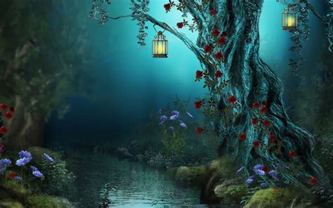 Fantasy Flowers Forest Lamps Nature Night Red Roses River Flickr